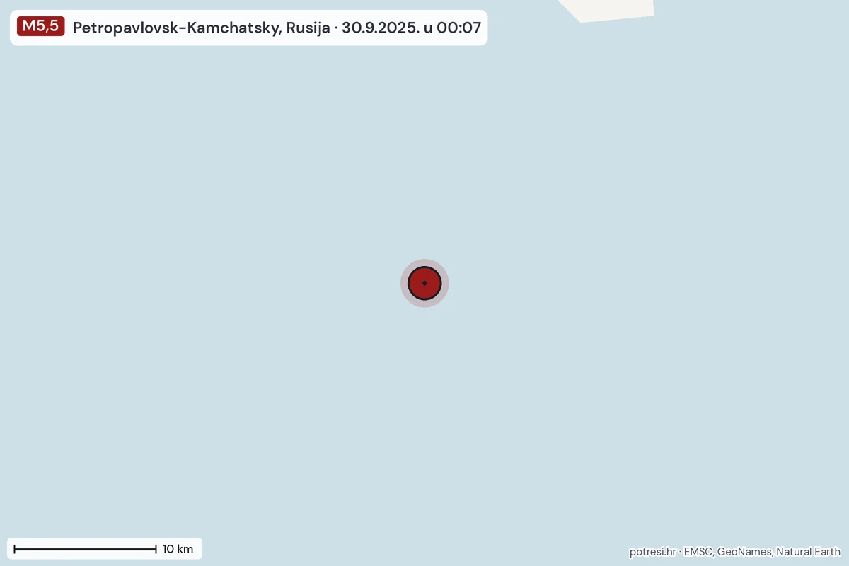 Karta: okolica epicentra, 60 km, potres M5,5, Petropavlovsk-Kamchatsky, Rusija, 30.9.2025.