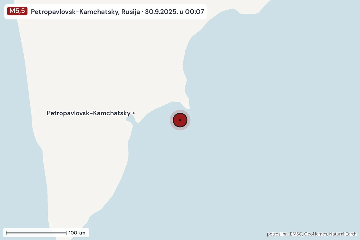 Karta: šire područje, 600 km, potres M5,5, Petropavlovsk-Kamchatsky, Rusija, 30.9.2025.