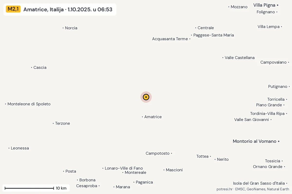 Karta: okolica epicentra, 60 km, potres M2,1, Amatrice, Italija, 1.10.2025.