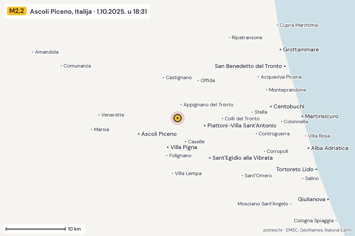 Karta: okolica epicentra, 60 km, potres M2,2, Ascoli Piceno, Italija, 1.10.2025.