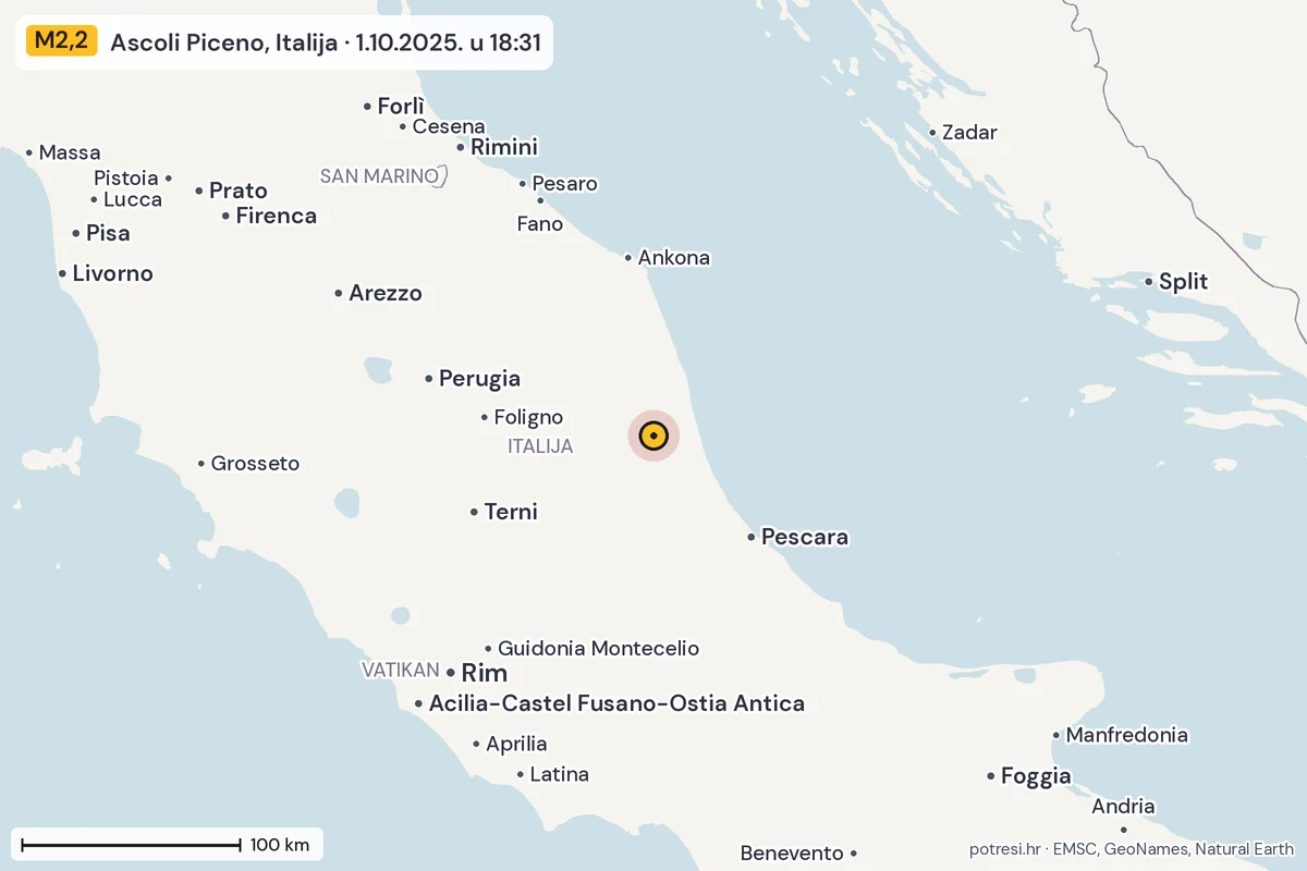Karta: šire područje, 600 km, potres M2,2, Ascoli Piceno, Italija, 1.10.2025.
