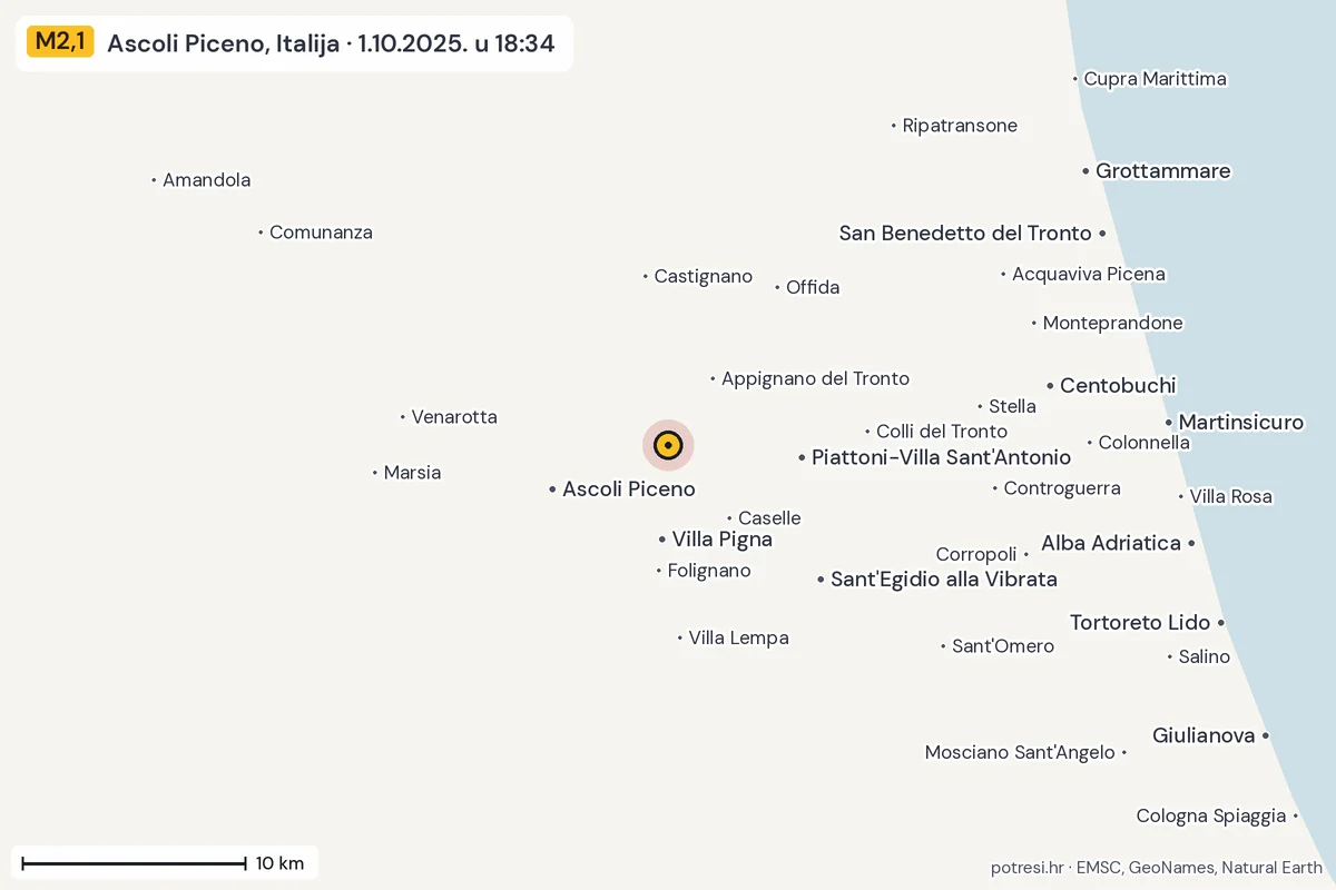 Karta: okolica epicentra, 60 km, potres M2,1, Ascoli Piceno, Italija, 1.10.2025.