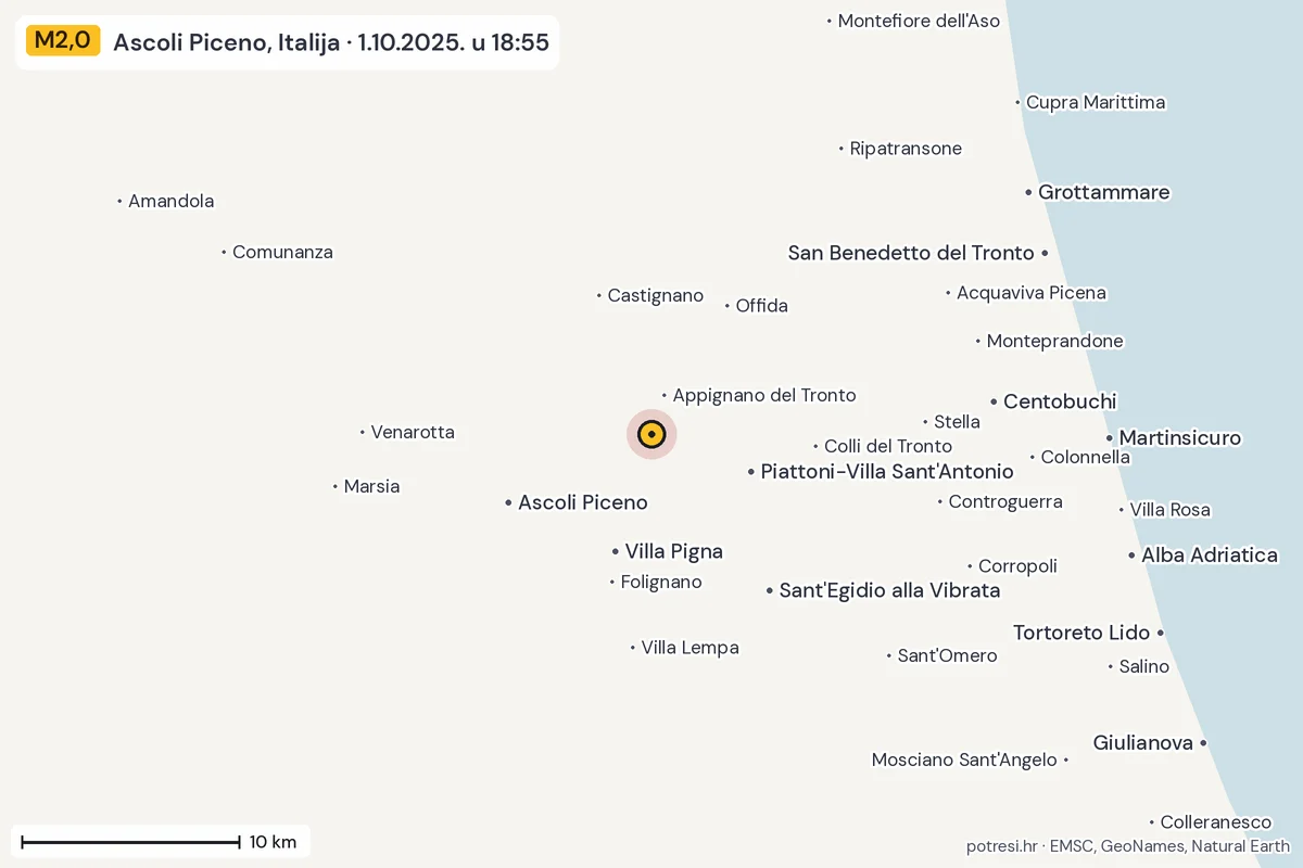 Karta: okolica epicentra, 60 km, potres M2,0, Ascoli Piceno, Italija, 1.10.2025.