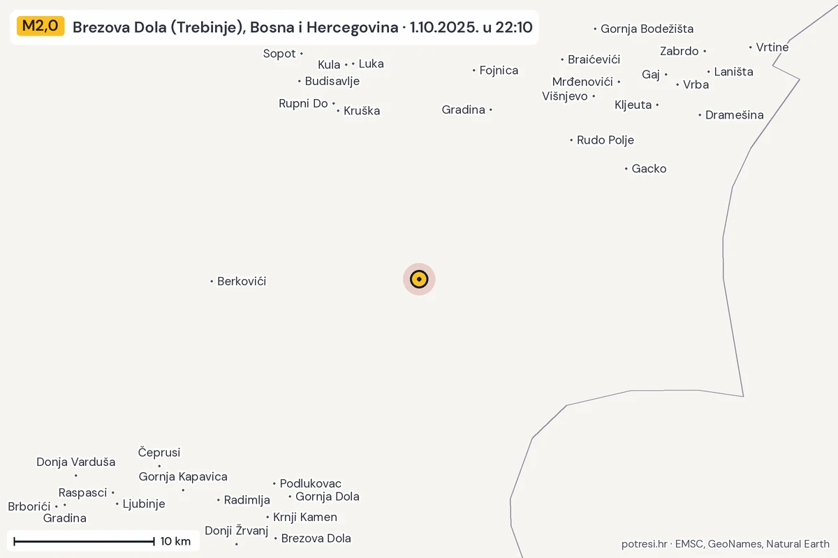 Karta: okolica epicentra, 60 km, potres M2,0, Brezova Dola (Trebinje), Bosna i Hercegovina, 1.10.2025.