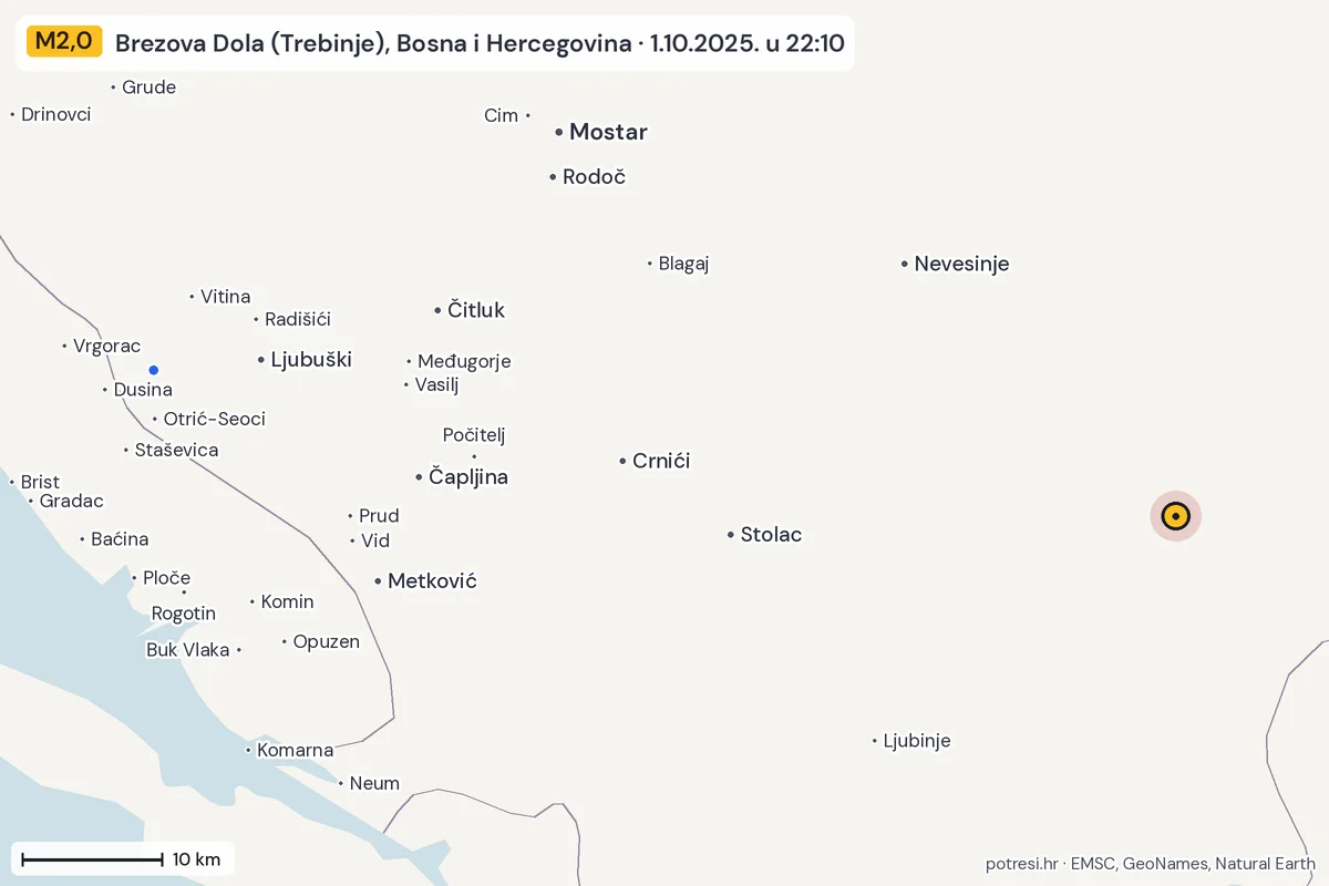 Karta: izvješća građana, potres M2,0, Brezova Dola (Trebinje), Bosna i Hercegovina, 1.10.2025.