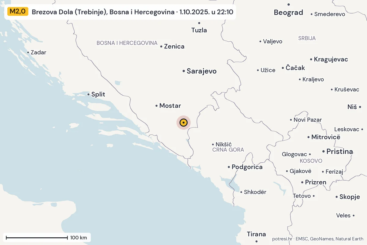 Karta: šire područje, 600 km, potres M2,0, Brezova Dola (Trebinje), Bosna i Hercegovina, 1.10.2025.