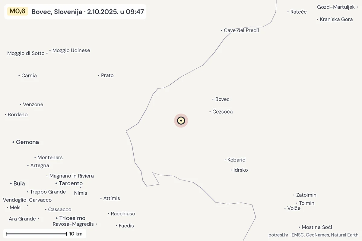 Karta: okolica epicentra, 60 km, potres M0,6, Bovec, Slovenija, 2.10.2025.
