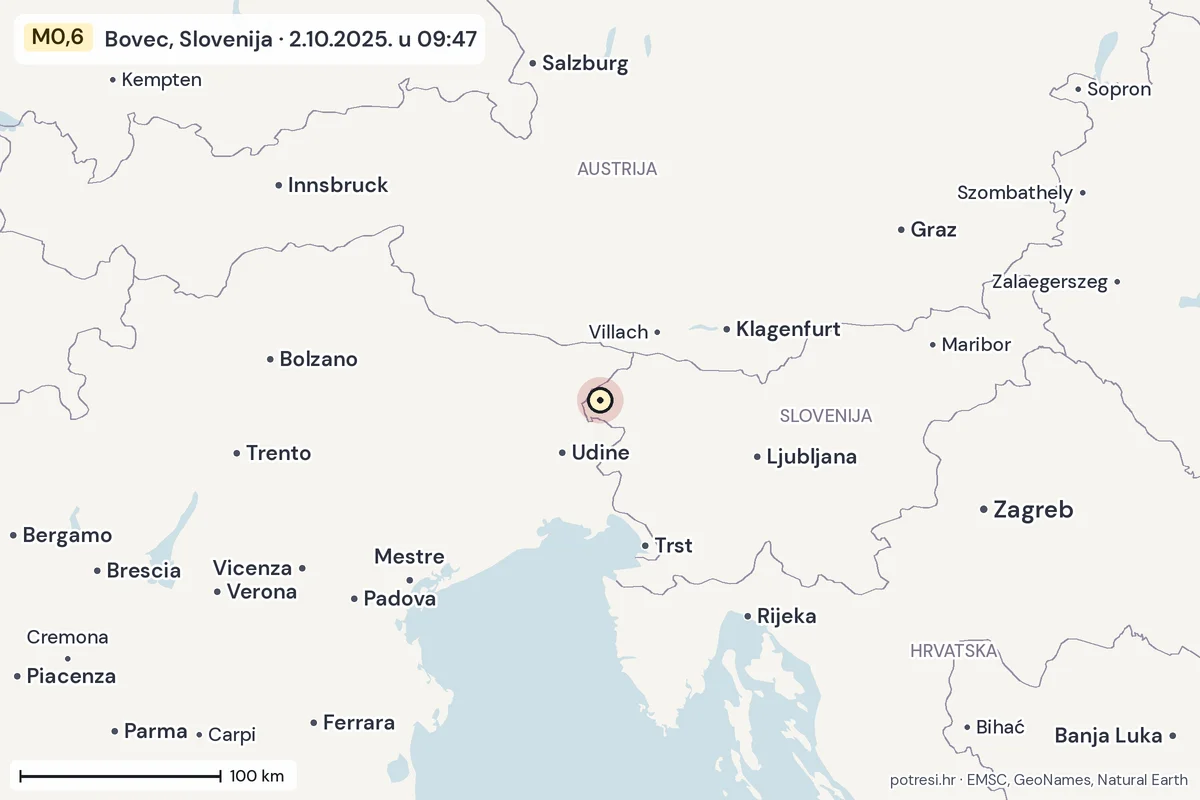Karta: šire područje, 600 km, potres M0,6, Bovec, Slovenija, 2.10.2025.