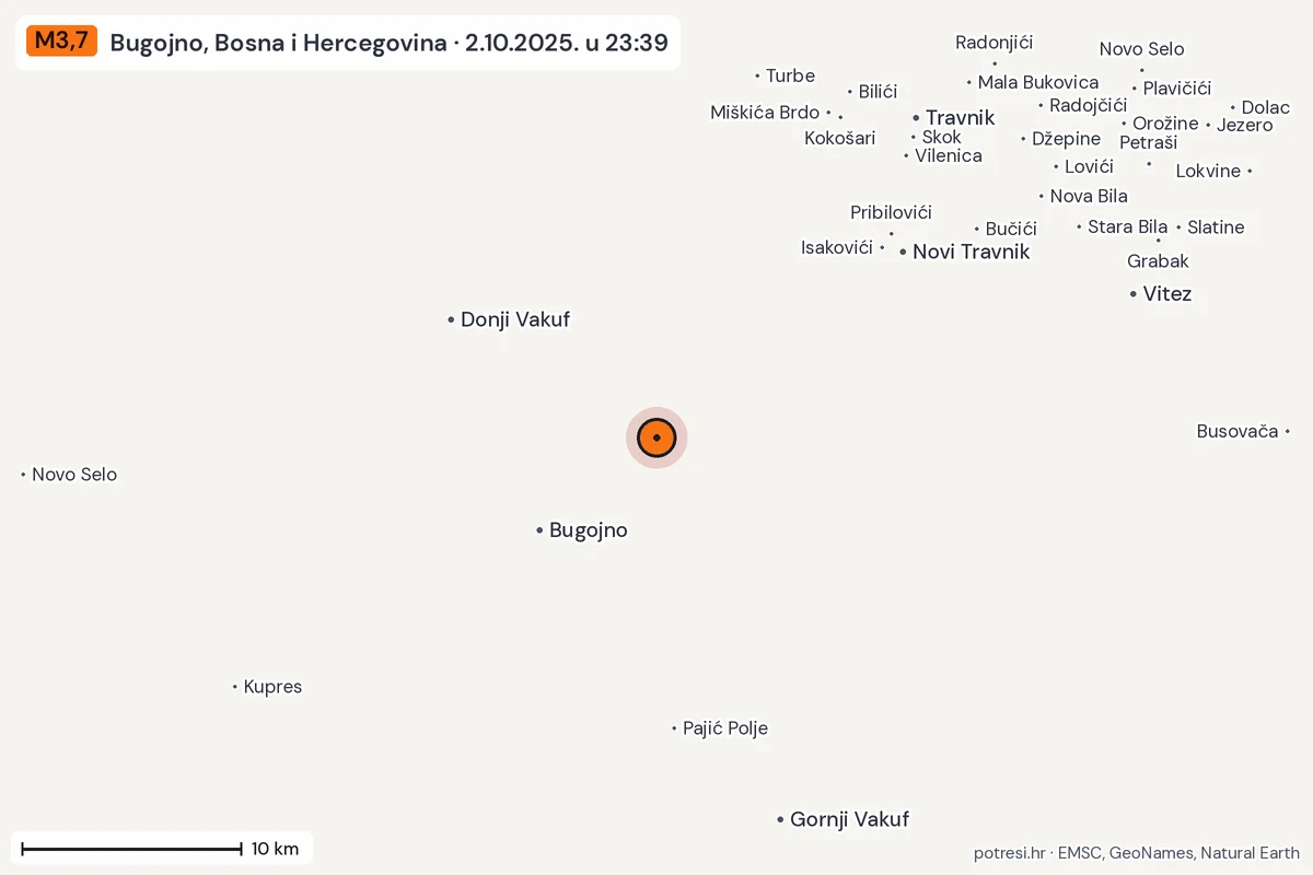 Karta: okolica epicentra, 60 km, potres M3,7, Bugojno, Bosna i Hercegovina, 2.10.2025.