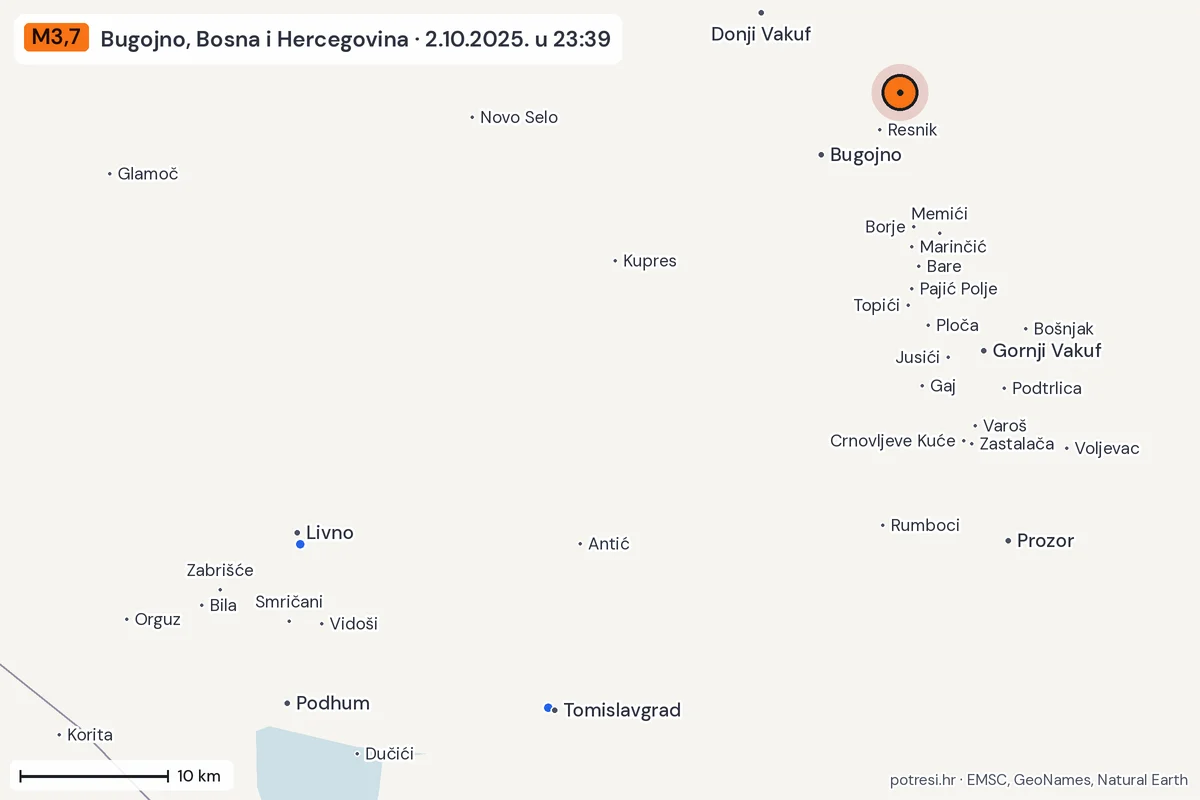 Karta: izvješća građana, potres M3,7, Bugojno, Bosna i Hercegovina, 2.10.2025.