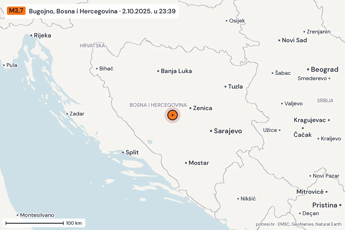 Karta: šire područje, 600 km, potres M3,7, Bugojno, Bosna i Hercegovina, 2.10.2025.