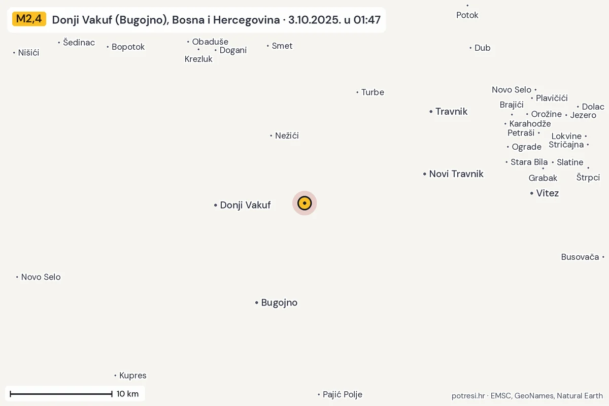 Karta: okolica epicentra, 60 km, potres M2,4, Donji Vakuf (Bugojno), Bosna i Hercegovina, 3.10.2025.