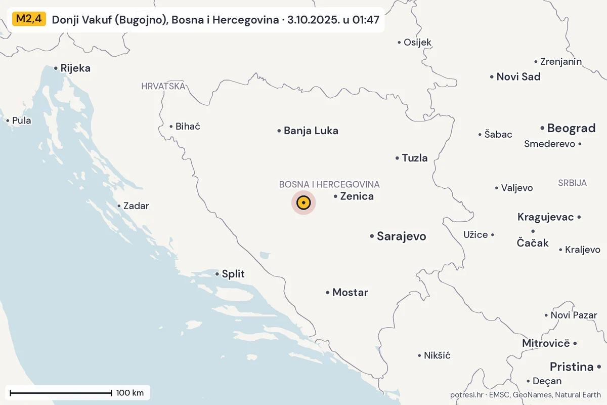 Karta: šire područje, 600 km, potres M2,4, Donji Vakuf (Bugojno), Bosna i Hercegovina, 3.10.2025.