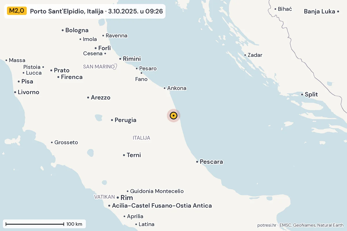 Karta: šire područje, 600 km, potres M2,0, Porto Sant'Elpidio, Italija, 3.10.2025.