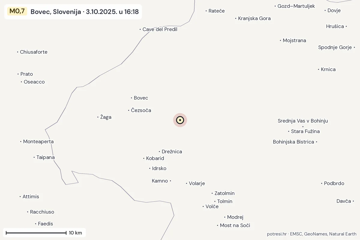 Karta: okolica epicentra, 60 km, potres M0,7, Bovec, Slovenija, 3.10.2025.