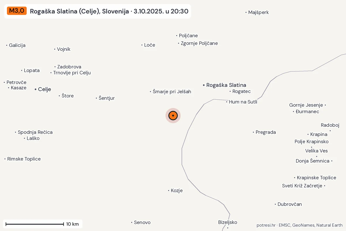 Karta: okolica epicentra, 60 km, potres M3,0, Rogaška Slatina (Celje), Slovenija, 3.10.2025.