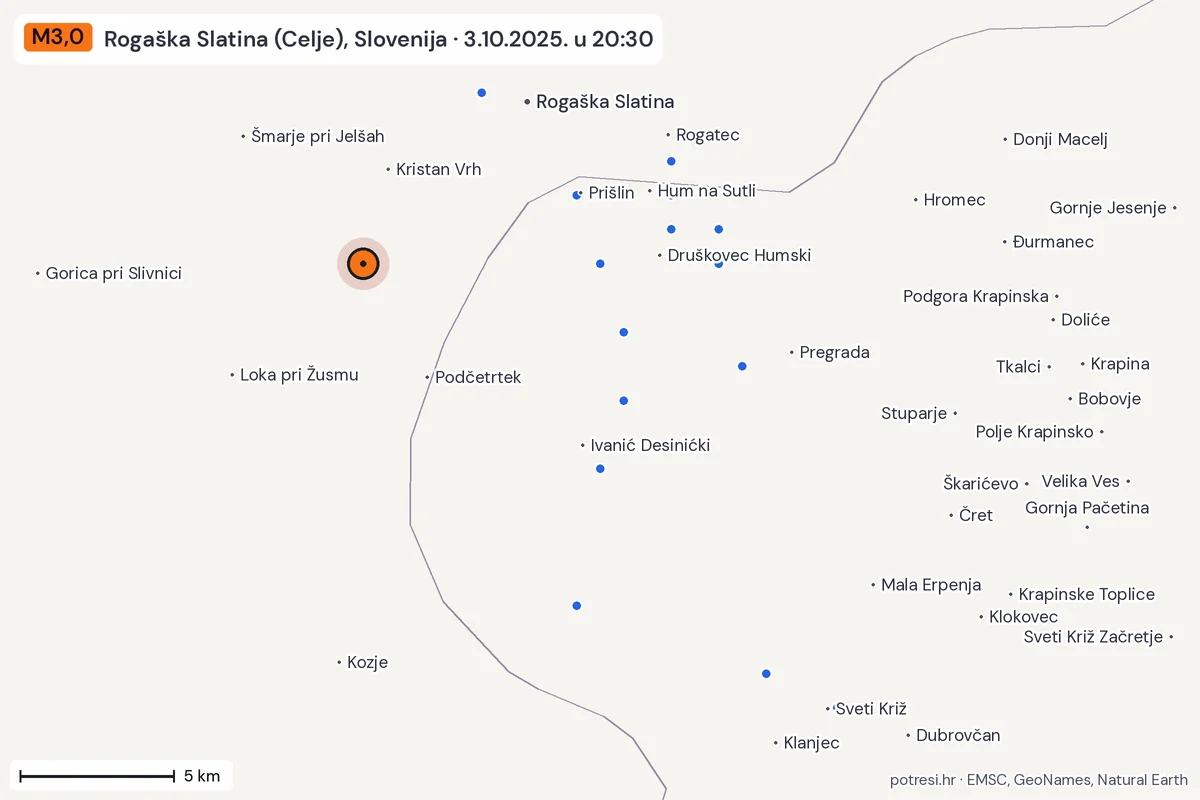 Karta: izvješća građana, potres M3,0, Rogaška Slatina (Celje), Slovenija, 3.10.2025.