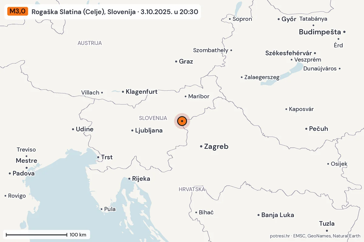 Karta: šire područje, 600 km, potres M3,0, Rogaška Slatina (Celje), Slovenija, 3.10.2025.