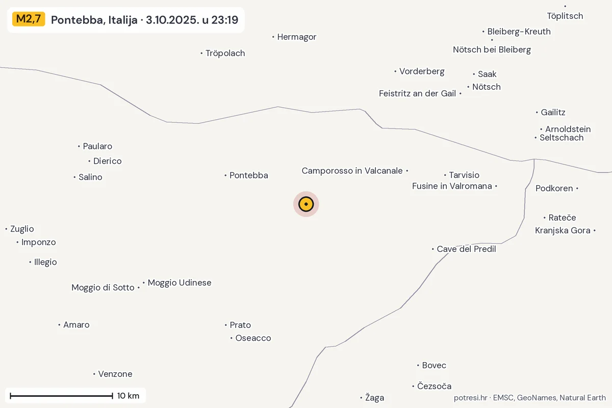 Karta: okolica epicentra, 60 km, potres M2,7, Pontebba, Italija, 3.10.2025.