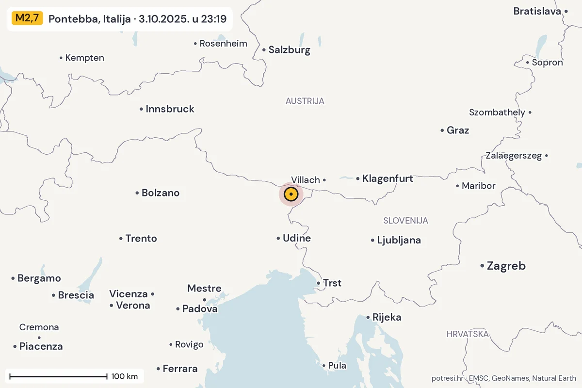 Karta: šire područje, 600 km, potres M2,7, Pontebba, Italija, 3.10.2025.