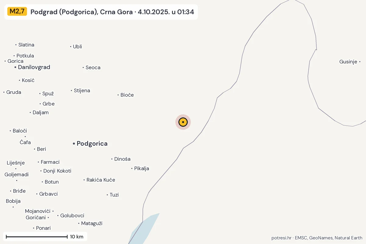 Karta: okolica epicentra, 60 km, potres M2,7, Podgrad (Podgorica), Crna Gora, 4.10.2025.