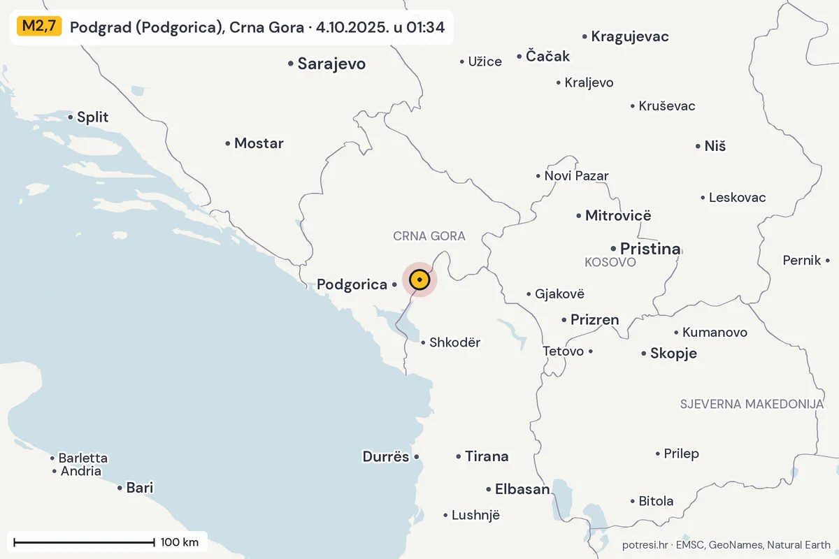 Karta: šire područje, 600 km, potres M2,7, Podgrad (Podgorica), Crna Gora, 4.10.2025.