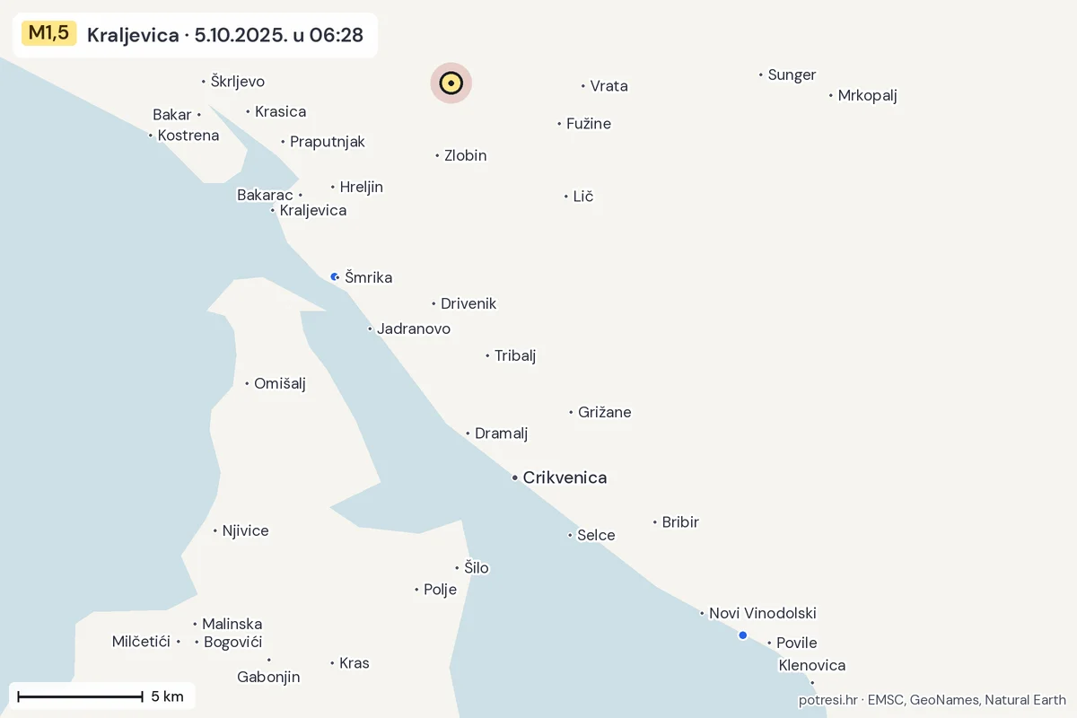 Karta: izvješća građana, potres M1,5, Kraljevica, 5.10.2025.