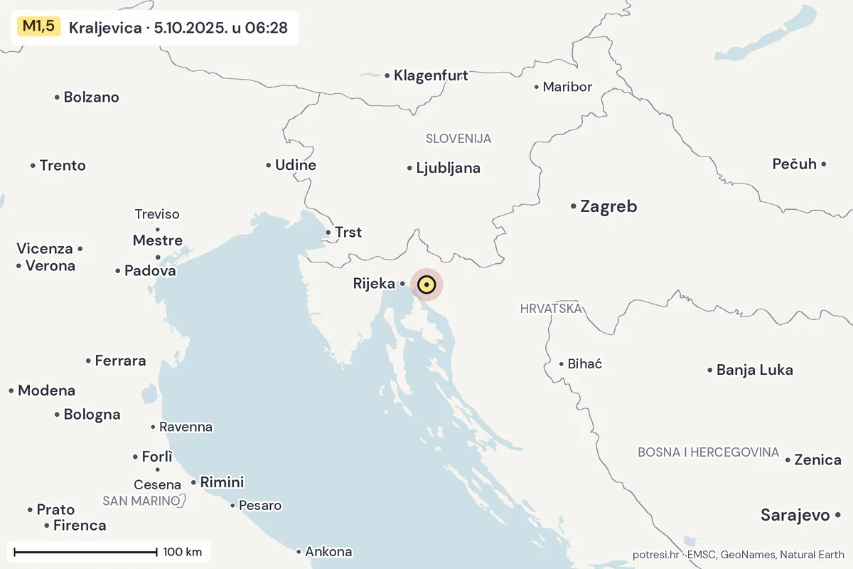 Karta: šire područje, 600 km, potres M1,5, Kraljevica, 5.10.2025.