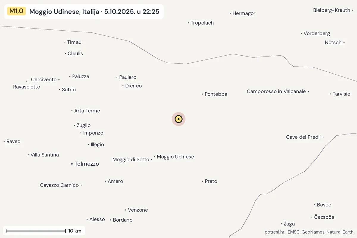 Karta: okolica epicentra, 60 km, potres M1,0, Moggio Udinese, Italija, 5.10.2025.
