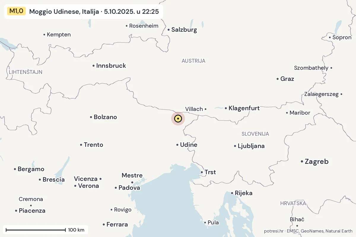 Karta: šire područje, 600 km, potres M1,0, Moggio Udinese, Italija, 5.10.2025.