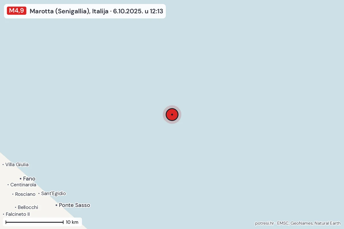 Karta: okolica epicentra, 60 km, potres M4,9, Marotta (Senigallia), Italija, 6.10.2025.