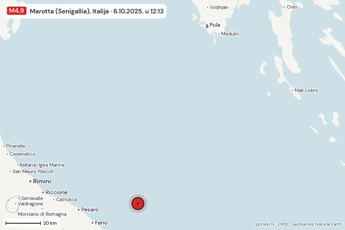 Karta: izvješća građana, potres M4,9, Marotta (Senigallia), Italija, 6.10.2025.