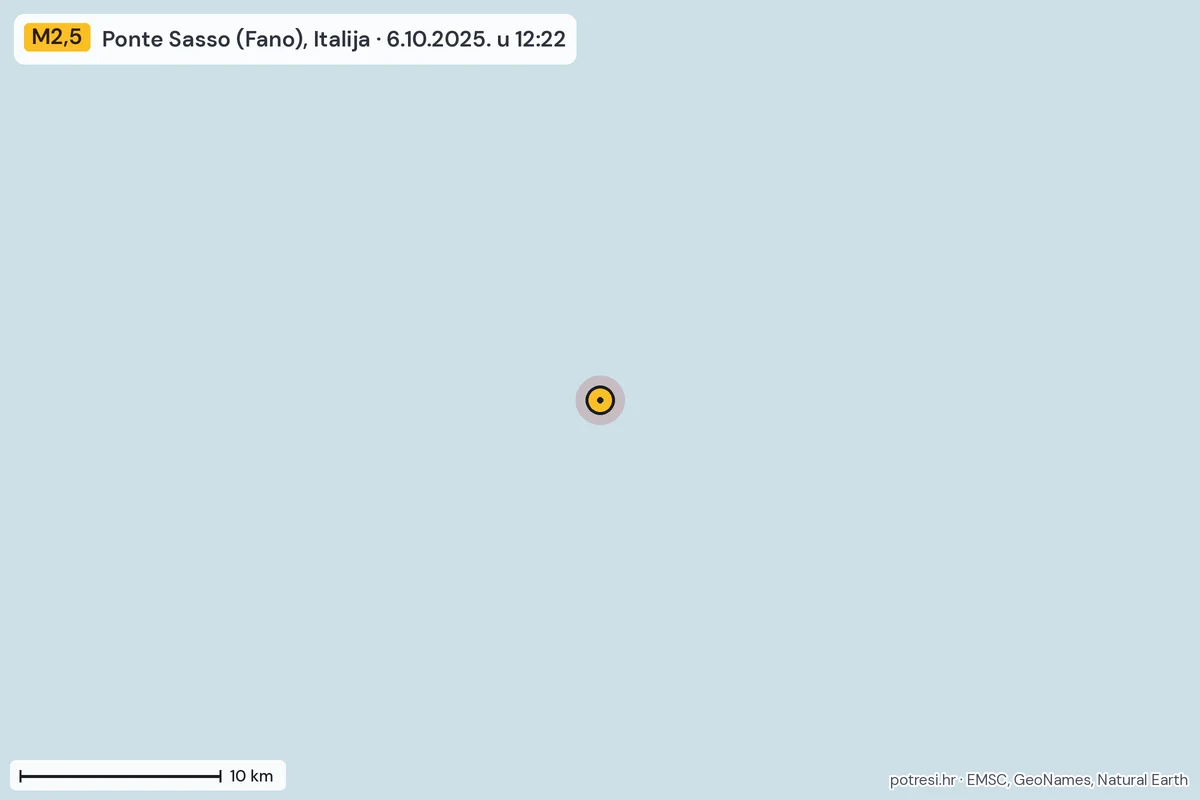 Karta: okolica epicentra, 60 km, potres M2,5, Ponte Sasso (Fano), Italija, 6.10.2025.