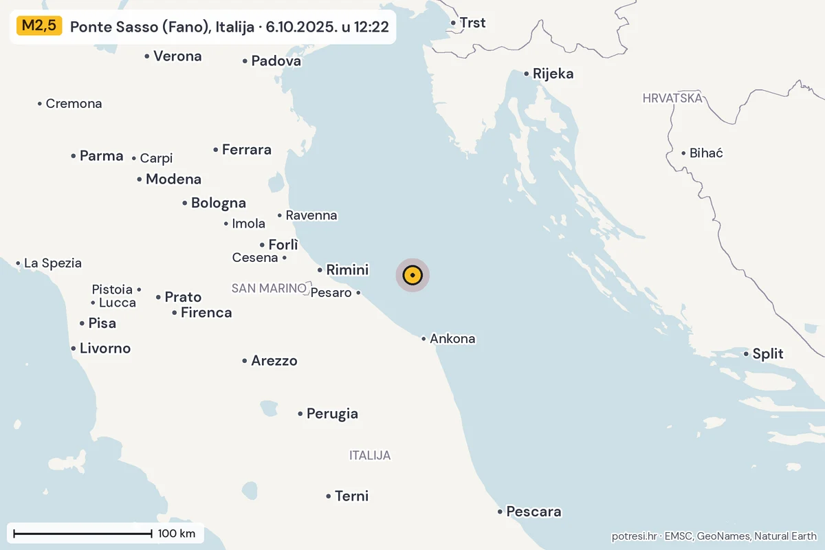 Karta: šire područje, 600 km, potres M2,5, Ponte Sasso (Fano), Italija, 6.10.2025.