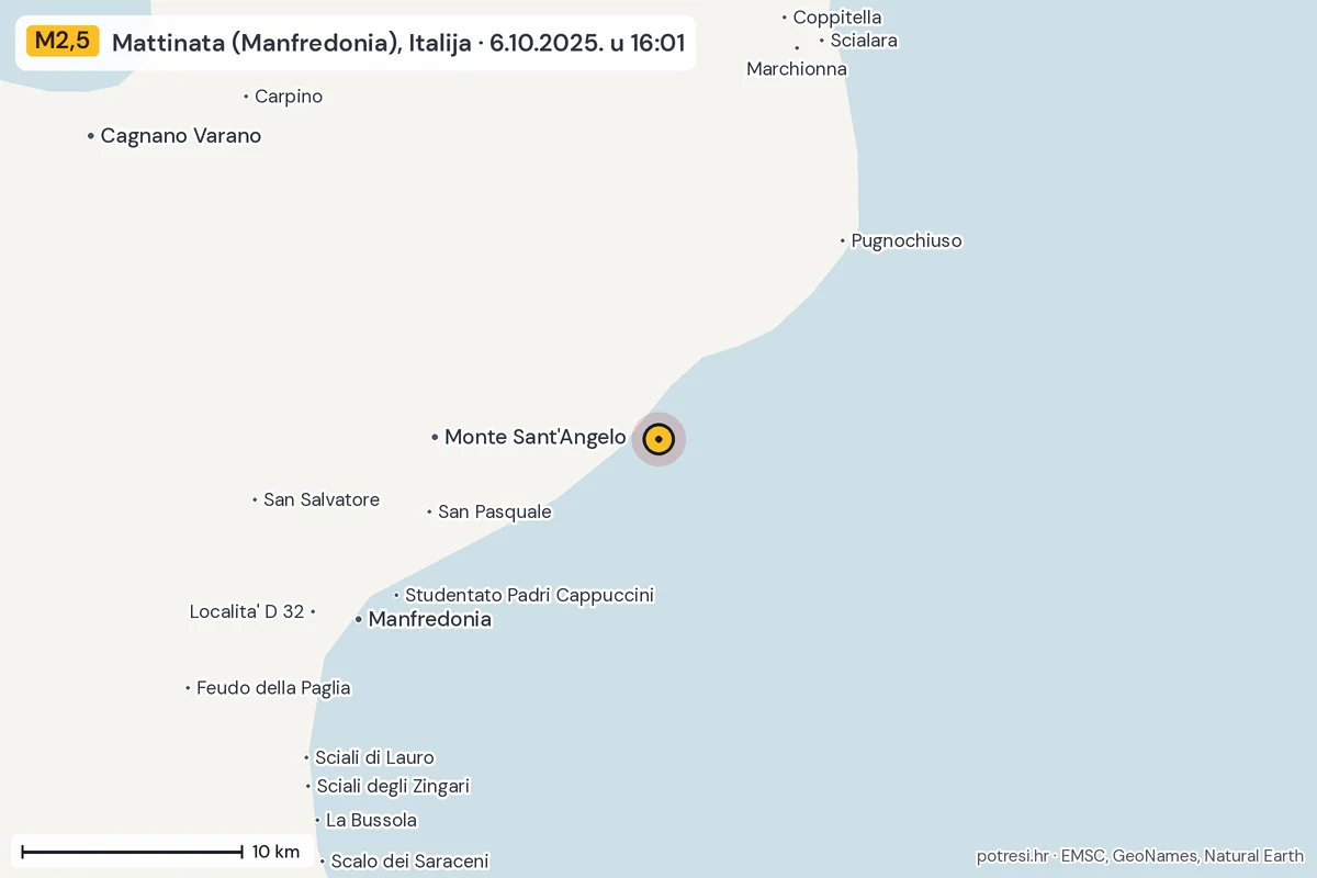 Karta: okolica epicentra, 60 km, potres M2,5, Mattinata (Manfredonia), Italija, 6.10.2025.