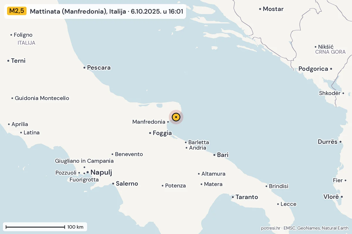 Karta: šire područje, 600 km, potres M2,5, Mattinata (Manfredonia), Italija, 6.10.2025.
