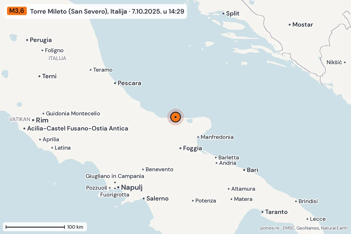 Karta: šire područje, 600 km, potres M3,6, Torre Mileto (San Severo), Italija, 7.10.2025.