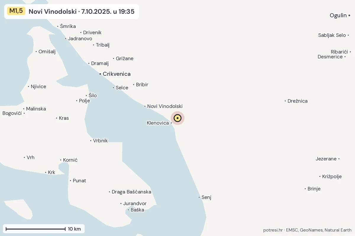 Karta: okolica epicentra, 60 km, potres M1,5, Novi Vinodolski, 7.10.2025.