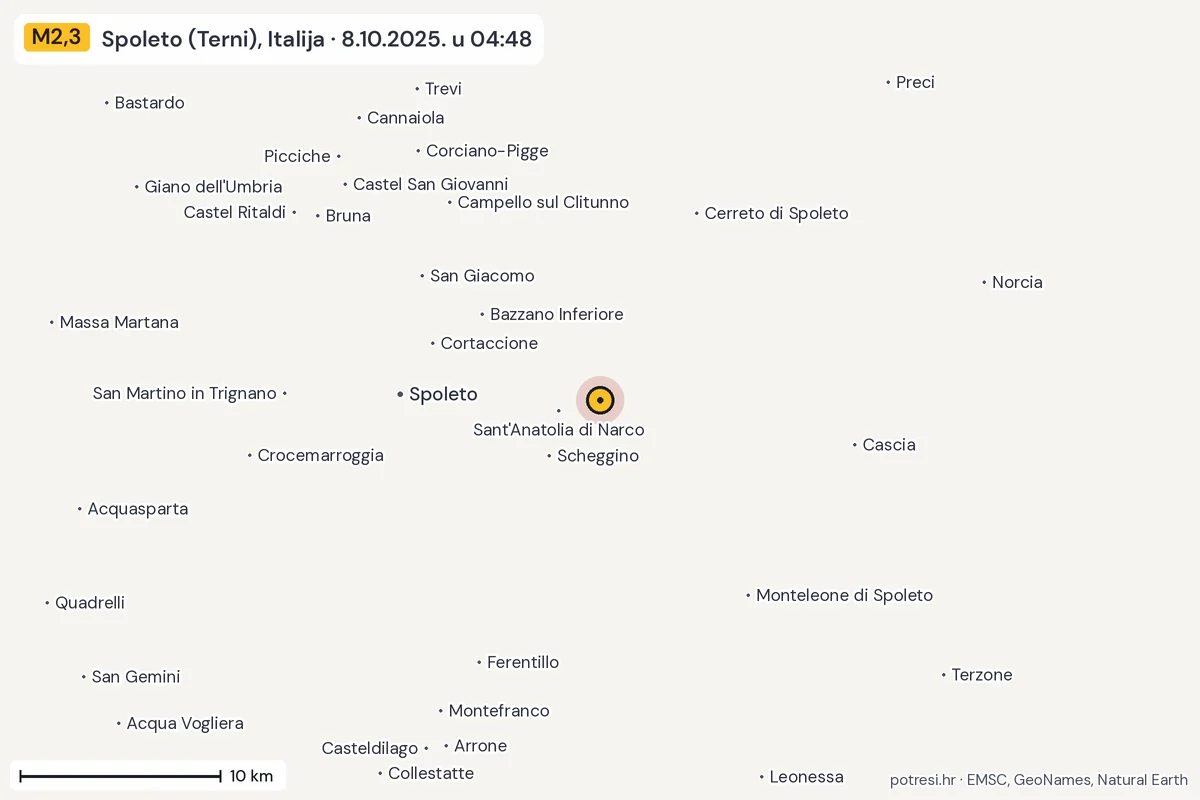 Karta: okolica epicentra, 60 km, potres M2,3, Spoleto (Terni), Italija, 8.10.2025.
