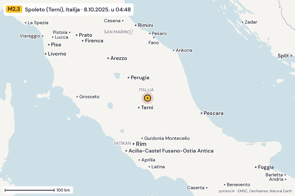 Karta: šire područje, 600 km, potres M2,3, Spoleto (Terni), Italija, 8.10.2025.