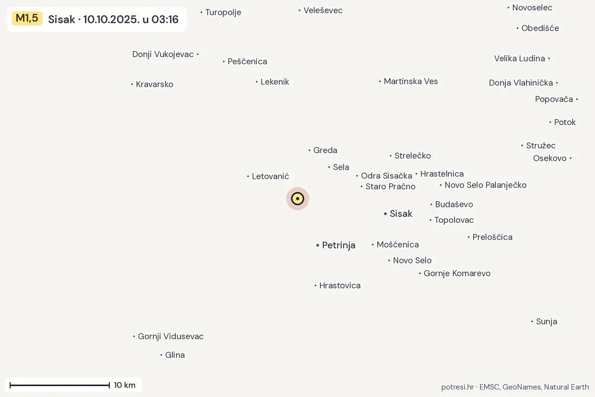 Karta: okolica epicentra, 60 km, potres M1,5, Sisak, 10.10.2025.