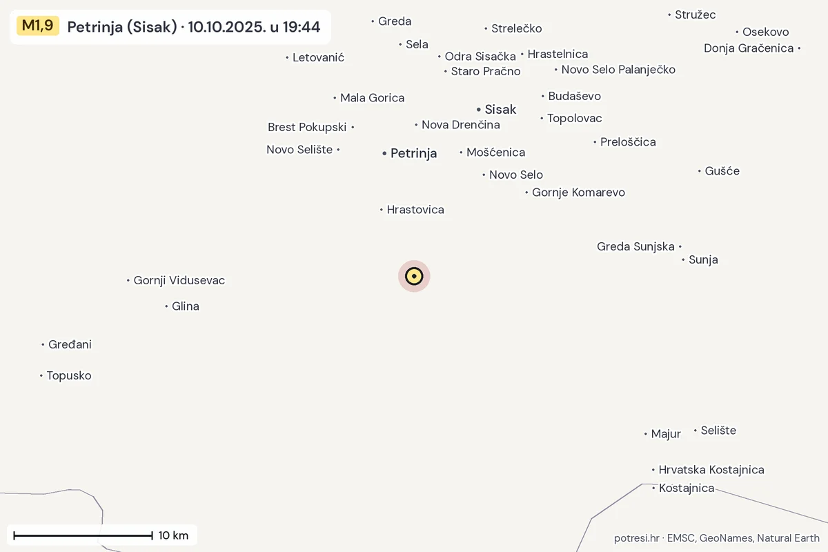 Karta: okolica epicentra, 60 km, potres M1,9, Petrinja (Sisak), 10.10.2025.
