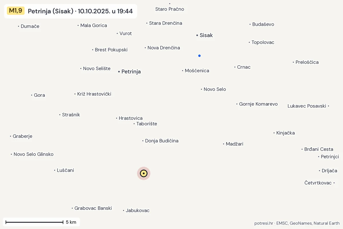 Karta: izvješća građana, potres M1,9, Petrinja (Sisak), 10.10.2025.