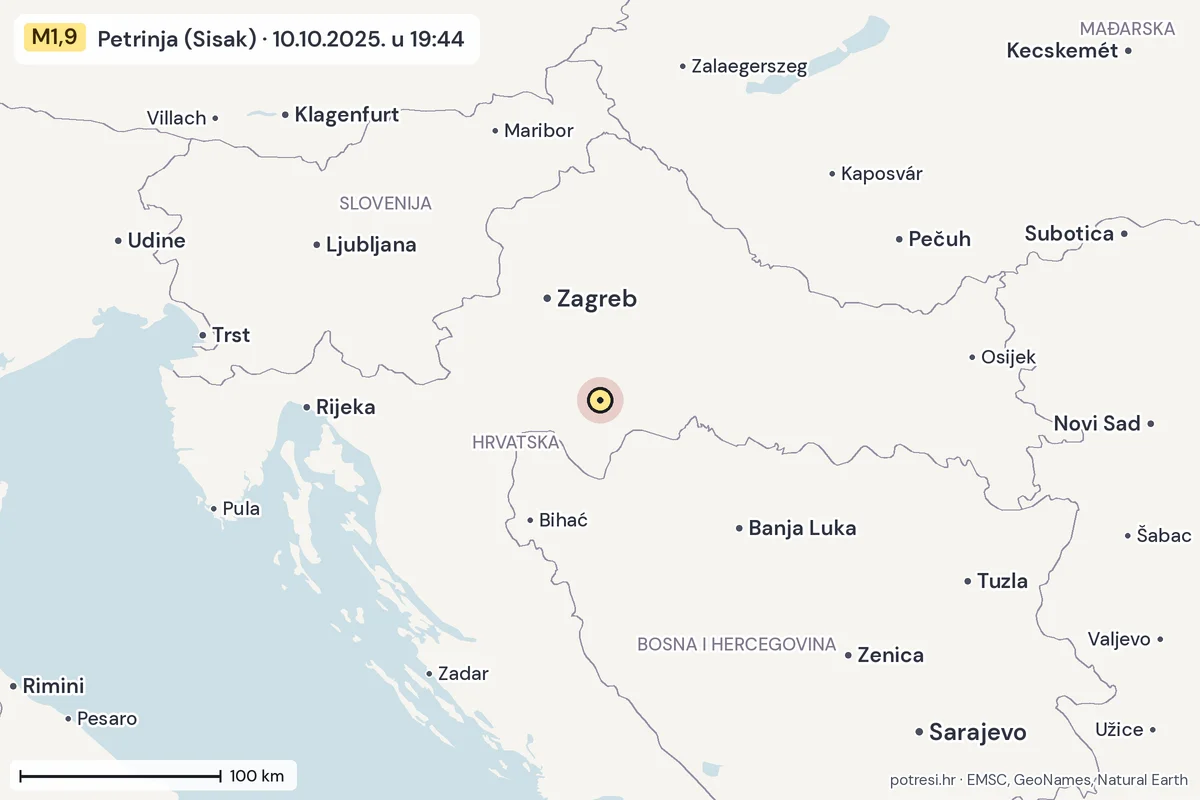 Karta: šire područje, 600 km, potres M1,9, Petrinja (Sisak), 10.10.2025.