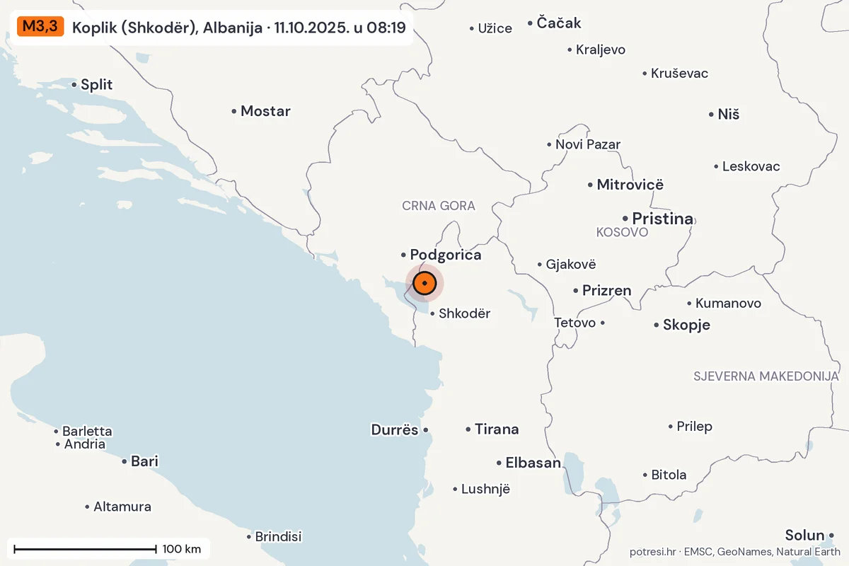 Karta: šire područje, 600 km, potres M3,3, Koplik (Shkodër), Albanija, 11.10.2025.