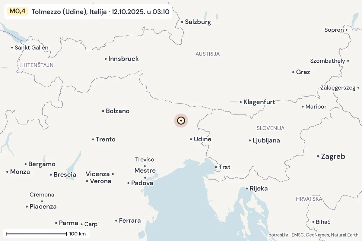 Karta: šire područje, 600 km, potres M0,4, Tolmezzo (Udine), Italija, 12.10.2025.