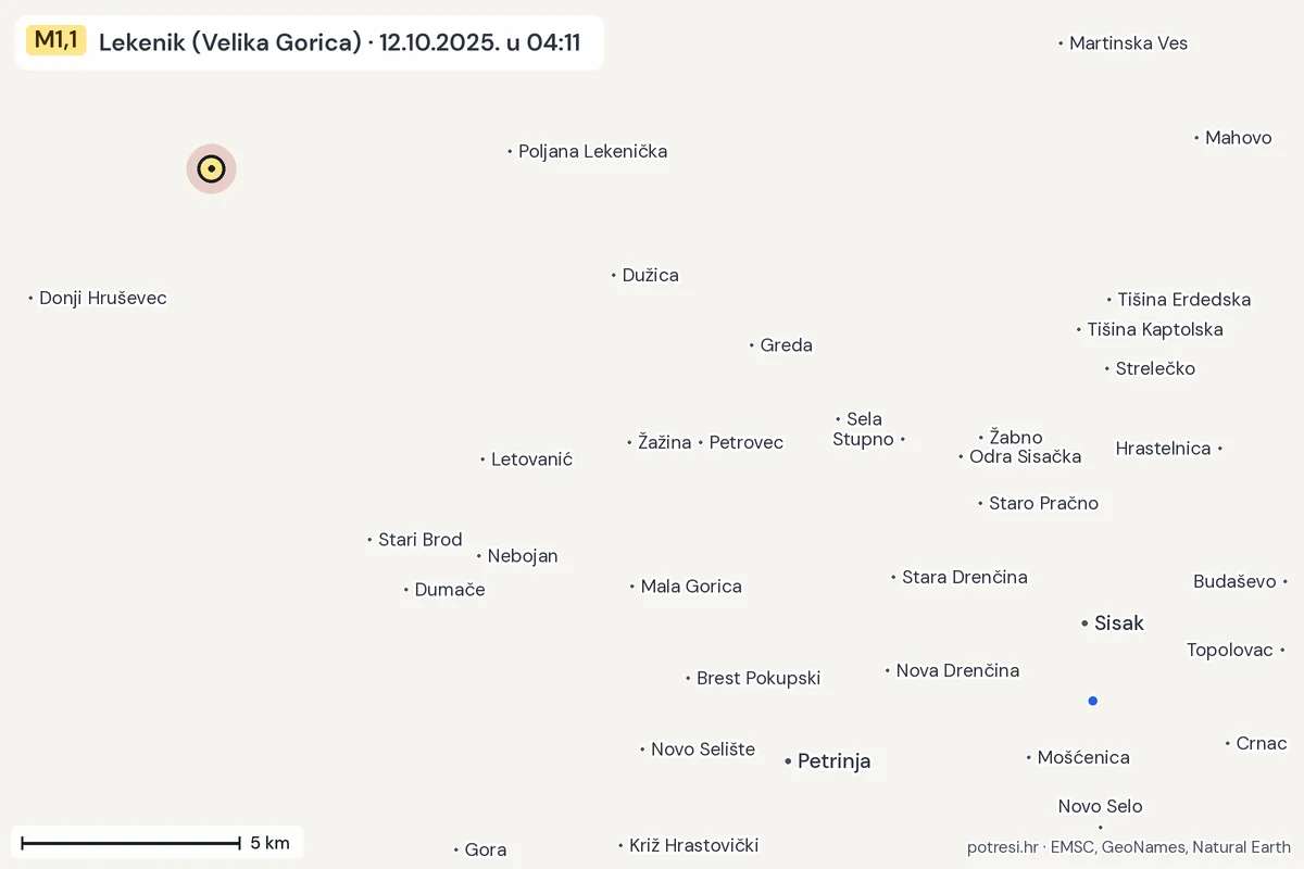 Karta: izvješća građana, potres M1,1, Lekenik (Velika Gorica), 12.10.2025.
