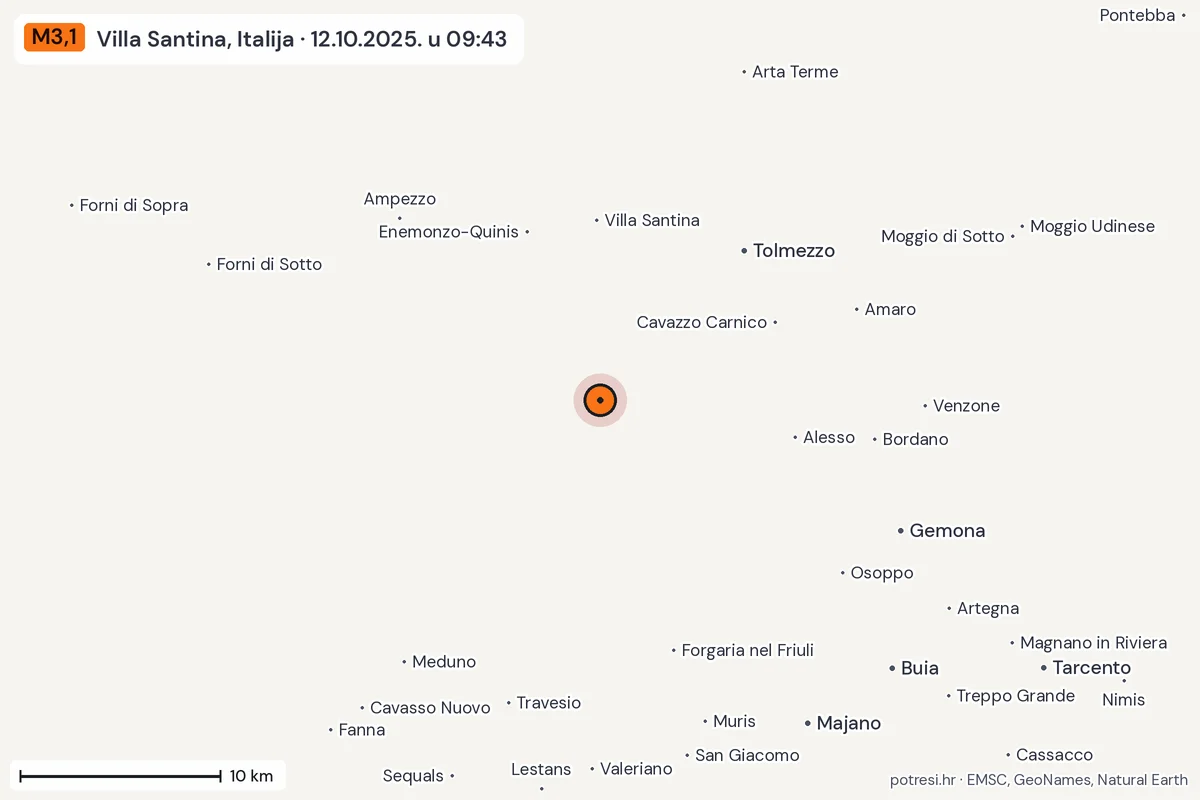 Karta: okolica epicentra, 60 km, potres M3,1, Villa Santina, Italija, 12.10.2025.