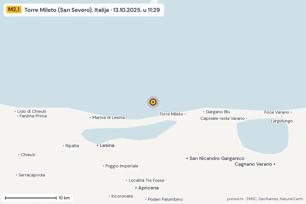 Karta: okolica epicentra, 60 km, potres M2,1, Torre Mileto (San Severo), Italija, 13.10.2025.