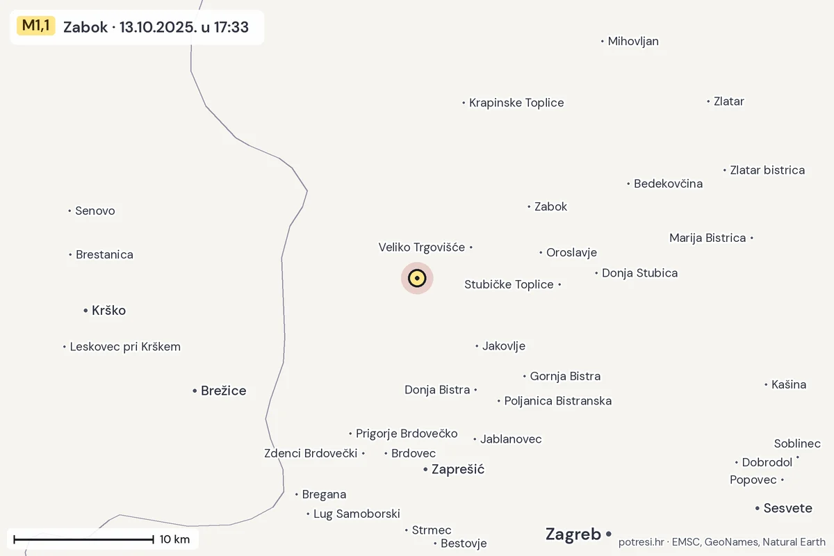 Karta: okolica epicentra, 60 km, potres M1,1, Zabok, 13.10.2025.